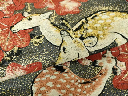 平和屋着物●アンティーク　大正ロマン　九寸名古屋帯　唐織　楓鹿文　金糸　正絹　逸品　DABD1958ps