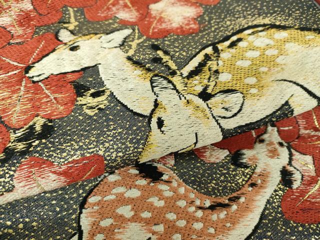 平和屋着物●アンティーク　大正ロマン　九寸名古屋帯　唐織　楓鹿文　金糸　正絹　逸品　DABD1958ps