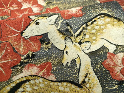 平和屋着物●アンティーク　大正ロマン　九寸名古屋帯　唐織　楓鹿文　金糸　正絹　逸品　DABD1958ps