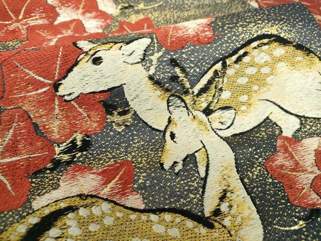 平和屋着物●アンティーク　大正ロマン　九寸名古屋帯　唐織　楓鹿文　金糸　正絹　逸品　DABD1958ps