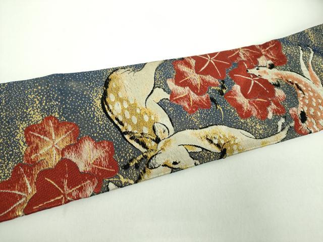 平和屋着物●アンティーク　大正ロマン　九寸名古屋帯　唐織　楓鹿文　金糸　正絹　逸品　DABD1958ps