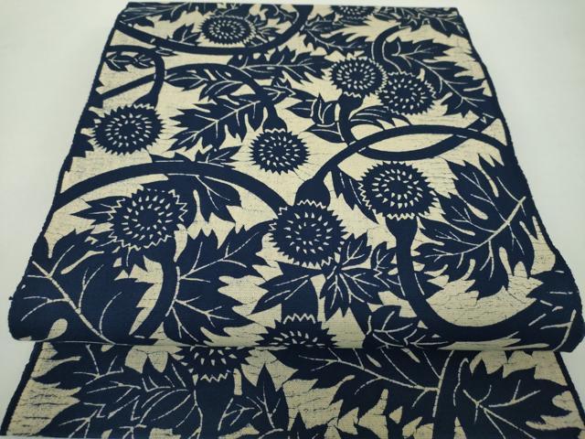 平和屋着物●本藍　型絵染　八寸名古屋帯　草花文　綿　逸品　DABD1961ps 平和屋着物○本藍 型絵染 八寸名古屋帯 草花文 綿