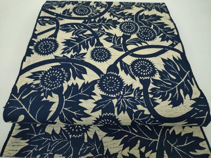 平和屋着物●本藍　型絵染　八寸名古屋帯　草花文　綿　逸品　DABD1961ps