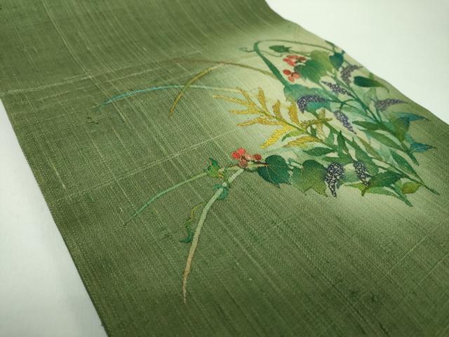 平和屋着物●九寸開き名古屋帯　生紬　手描き　葡萄蔦の葉花文　金彩　正絹　逸品　DABD1962ps 平和屋着物○九寸開き名古屋帯 生紬 手描き 葡萄蔦の葉