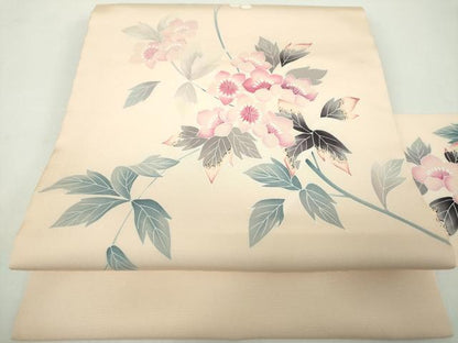 平和屋着物●塩瀬　九寸名古屋帯　友禅　作家物　枝花文　正絹　逸品　未使用　DABD1965ps