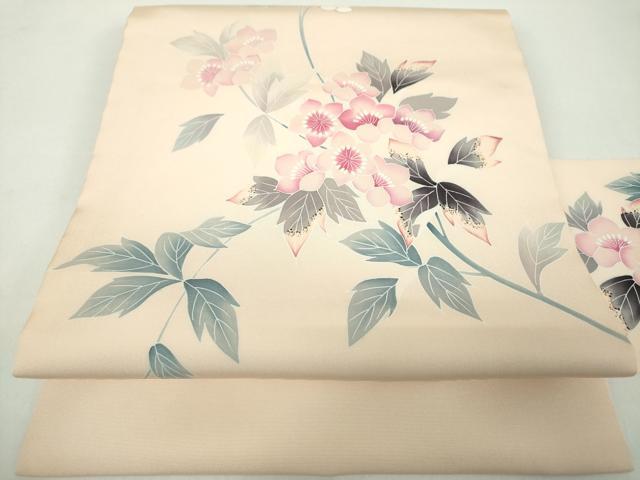 平和屋着物●塩瀬　九寸名古屋帯　友禅　作家物　枝花文　正絹　逸品　未使用　DABD1965ps