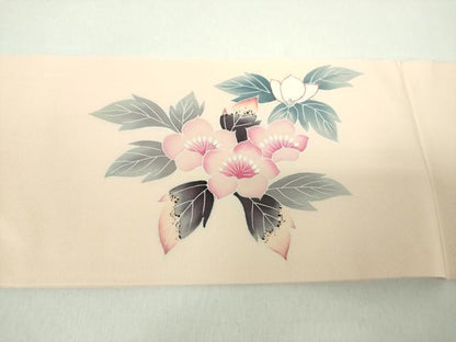 平和屋着物●塩瀬　九寸名古屋帯　友禅　作家物　枝花文　正絹　逸品　未使用　DABD1965ps