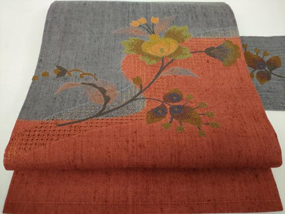 平和屋着物●中国三大刺繍　スワトウ相良刺繍　汕頭相良刺繍　総刺繍　九寸名古屋帯　紬地　更紗花文　正絹　逸品　未使用　DABD1969ps