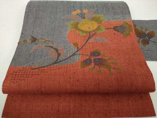 平和屋着物●中国三大刺繍　スワトウ相良刺繍　汕頭相良刺繍　総刺繍　九寸名古屋帯　紬地　更紗花文　正絹　逸品　未使用　DABD1969ps