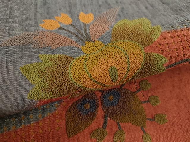 平和屋着物●中国三大刺繍　スワトウ相良刺繍　汕頭相良刺繍　総刺繍　九寸名古屋帯　紬地　更紗花文　正絹　逸品　未使用　DABD1969ps