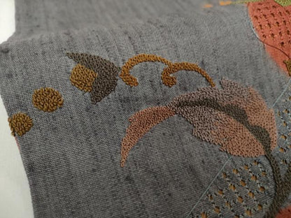 平和屋着物●中国三大刺繍　スワトウ相良刺繍　汕頭相良刺繍　総刺繍　九寸名古屋帯　紬地　更紗花文　正絹　逸品　未使用　DABD1969ps
