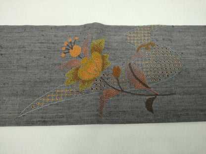平和屋着物●中国三大刺繍　スワトウ相良刺繍　汕頭相良刺繍　総刺繍　九寸名古屋帯　紬地　更紗花文　正絹　逸品　未使用　DABD1969ps