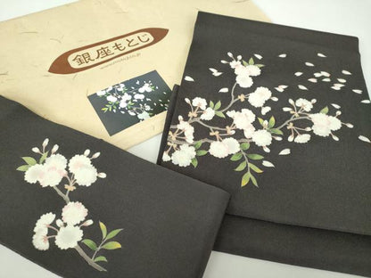 平和屋着物●極上　銀座もとじ　つけ帯　友禅　舞桜　鬼しぼ縮緬　たとう紙付き　正絹　逸品　DABD1975ps