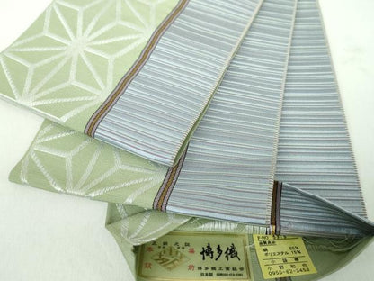 平和屋着物●本場筑前博多織　両面　半幅帯　麻の葉間道　小野和也作　博多金ラベル　証紙付き　絹・化繊　逸品　DABD1978ps