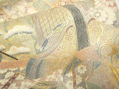 平和屋着物●太鼓柄袋帯　綴れ　女人花文　金銀彩　三越扱い　正絹　逸品　DABD2023du
