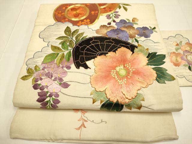 平和屋着物●アンティーク　大正ロマン　九寸名古屋帯　駒刺繍　総刺繍　片輪車花文　金糸　正絹　逸品　DABD2030du
