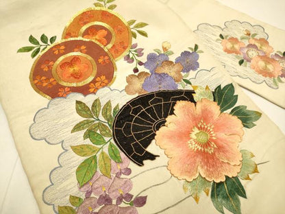 平和屋着物●アンティーク　大正ロマン　九寸名古屋帯　駒刺繍　総刺繍　片輪車花文　金糸　正絹　逸品　DABD2030du