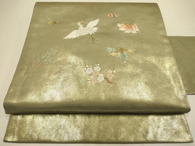 平和屋着物●九寸名古屋帯　総刺繍　飛鶴文　松竹梅　金糸　正絹　逸品　DABD2036du