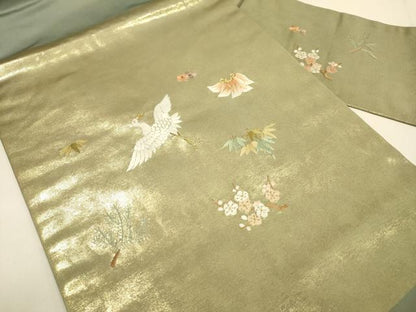 平和屋着物●九寸名古屋帯　総刺繍　飛鶴文　松竹梅　金糸　正絹　逸品　DABD2036du