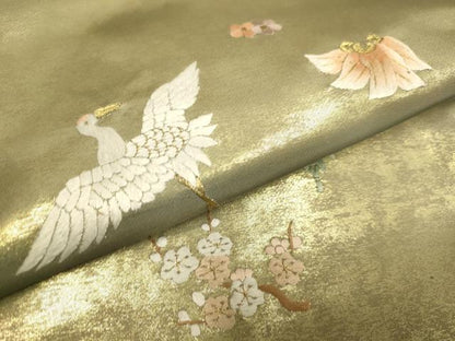 平和屋着物●九寸名古屋帯　総刺繍　飛鶴文　松竹梅　金糸　正絹　逸品　DABD2036du