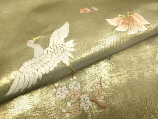 平和屋着物●九寸名古屋帯　総刺繍　飛鶴文　松竹梅　金糸　正絹　逸品　DABD2036du