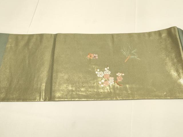 平和屋着物●九寸名古屋帯　総刺繍　飛鶴文　松竹梅　金糸　正絹　逸品　DABD2036du