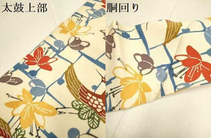 平和屋着物●塩瀬　全通柄九寸名古屋帯　型染　飛鶴花文　正絹　逸品　DABD2039du
