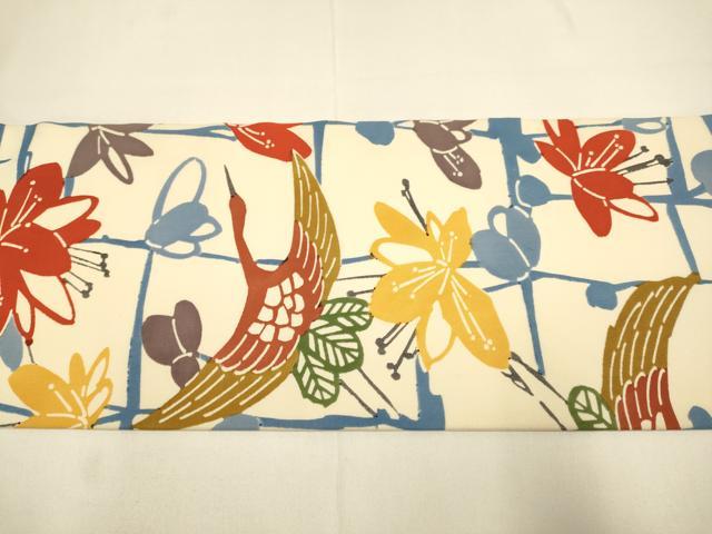 平和屋着物●塩瀬　全通柄九寸名古屋帯　型染　飛鶴花文　正絹　逸品　DABD2039du