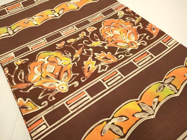 平和屋着物●九寸開き名古屋帯　紬地　ろうけつ染め　横段洋花文　正絹　逸品　DABD2051du