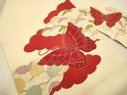 平和屋着物●塩瀬　九寸名古屋帯　駒刺繍　舞蝶雲取花松文　金彩　正絹　逸品　DABD2054du