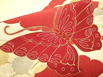 平和屋着物●塩瀬　九寸名古屋帯　駒刺繍　舞蝶雲取花松文　金彩　正絹　逸品　DABD2054du