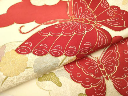 平和屋着物●塩瀬　九寸名古屋帯　駒刺繍　舞蝶雲取花松文　金彩　正絹　逸品　DABD2054du