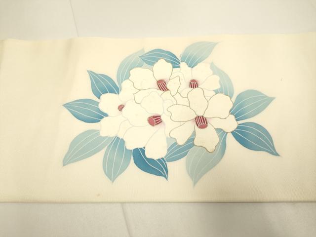 平和屋着物●塩瀬　九寸名古屋帯　草花文　金彩　正絹　逸品　DABD2055du
