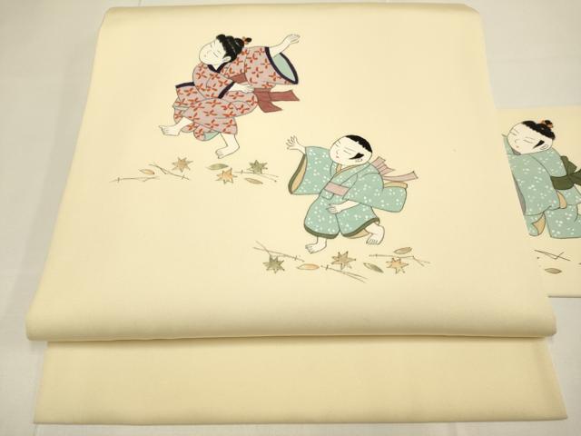 平和屋着物●塩瀬　九寸名古屋帯　作家物　童子　正絹　逸品　DABD2060du