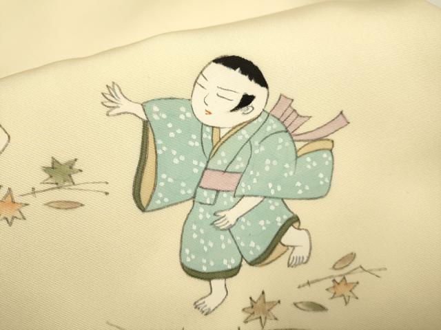 平和屋着物●塩瀬　九寸名古屋帯　作家物　童子　正絹　逸品　DABD2060du