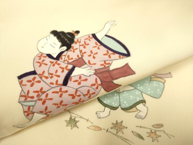平和屋着物●塩瀬　九寸名古屋帯　作家物　童子　正絹　逸品　DABD2060du
