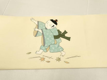 平和屋着物●塩瀬　九寸名古屋帯　作家物　童子　正絹　逸品　DABD2060du