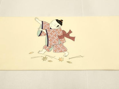 平和屋着物●塩瀬　九寸名古屋帯　作家物　童子　正絹　逸品　DABD2060du