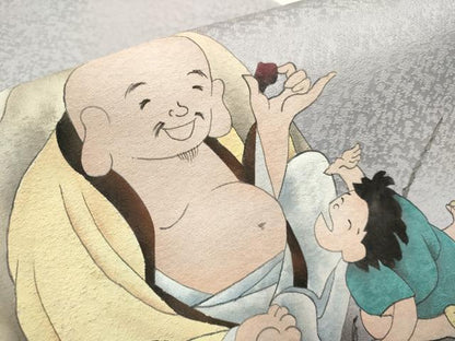 平和屋着物●九寸開き名古屋帯　手描き　七福神　布袋様　正絹　逸品　DABD2064du