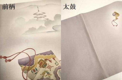 平和屋着物●太鼓柄袋帯　童子　風景文　銀通し地　正絹　逸品　DABD2071du