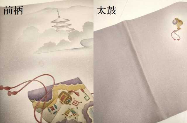 平和屋着物●太鼓柄袋帯　童子　風景文　銀通し地　正絹　逸品　DABD2071du