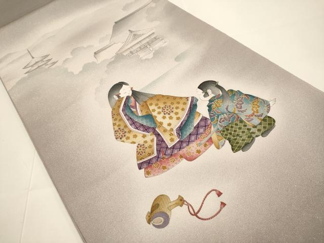 平和屋着物●太鼓柄袋帯　童子　風景文　銀通し地　正絹　逸品　DABD2071du