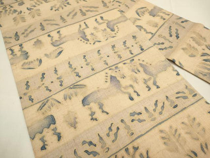 平和屋着物●九寸名古屋帯　紬地　型染　動物横段文　正絹　逸品　DABD2081du