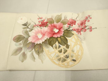平和屋着物●内山晴祥　手描き　塩瀬　九寸名古屋帯　花籠文　金彩　正絹　逸品　DABD2084du