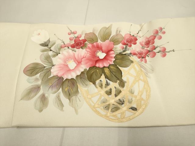 平和屋着物●内山晴祥　手描き　塩瀬　九寸名古屋帯　花籠文　金彩　正絹　逸品　DABD2084du