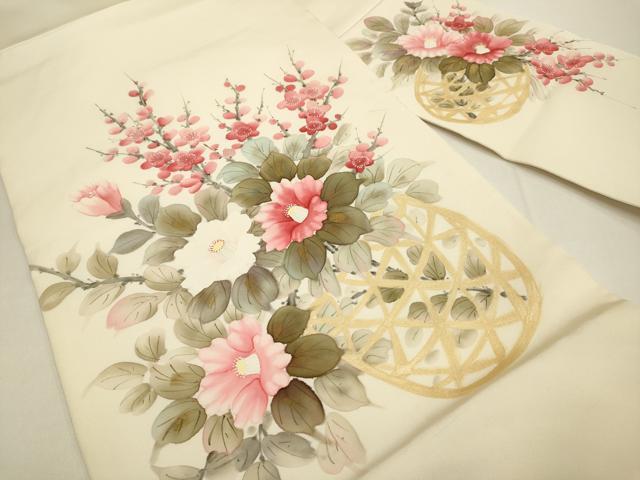 平和屋着物●内山晴祥　手描き　塩瀬　九寸名古屋帯　花籠文　金彩　正絹　逸品　DABD2084du
