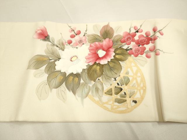 平和屋着物●内山晴祥　手描き　塩瀬　九寸名古屋帯　花籠文　金彩　正絹　逸品　DABD2084du