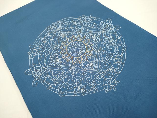 平和屋着物●塩瀬　九寸開き名古屋帯　駒刺繍　花唐草丸文　正絹　逸品　DABD2085du