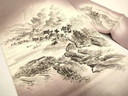 平和屋着物●九寸名古屋帯　手描き　紬地　風景文　正絹　逸品　DABD2087du