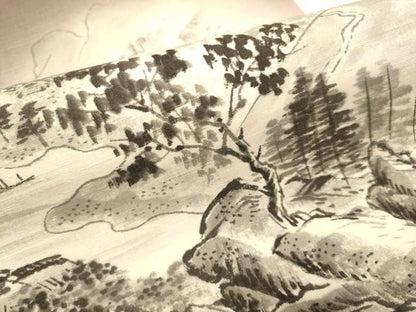 平和屋着物●九寸名古屋帯　手描き　紬地　風景文　正絹　逸品　DABD2087du
